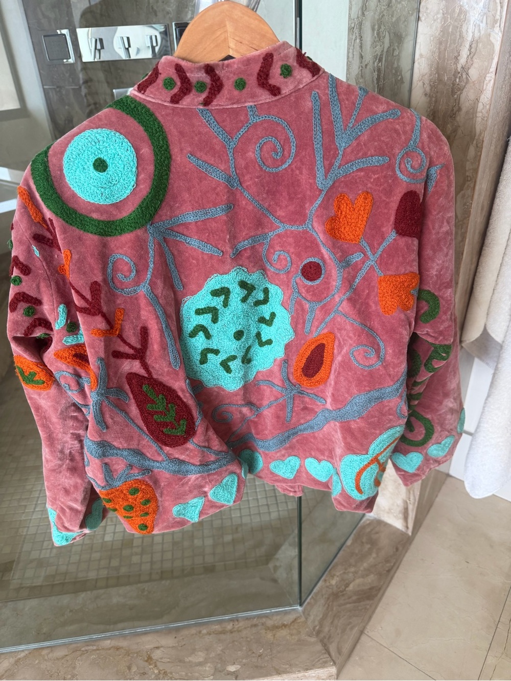 Fabulous Unique Embroidered Pink Velvet Floral Jacket with Teal Accents - Picture 3 of 7